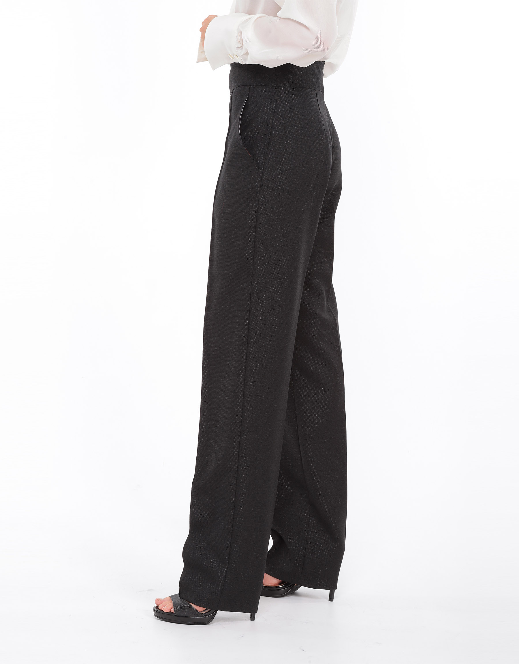 Black iridescent wool or red cotton and silk high-waisted straight trousers